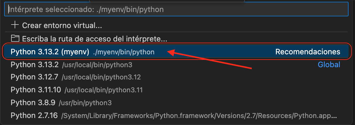 Seleccionar intérprete en VSCode