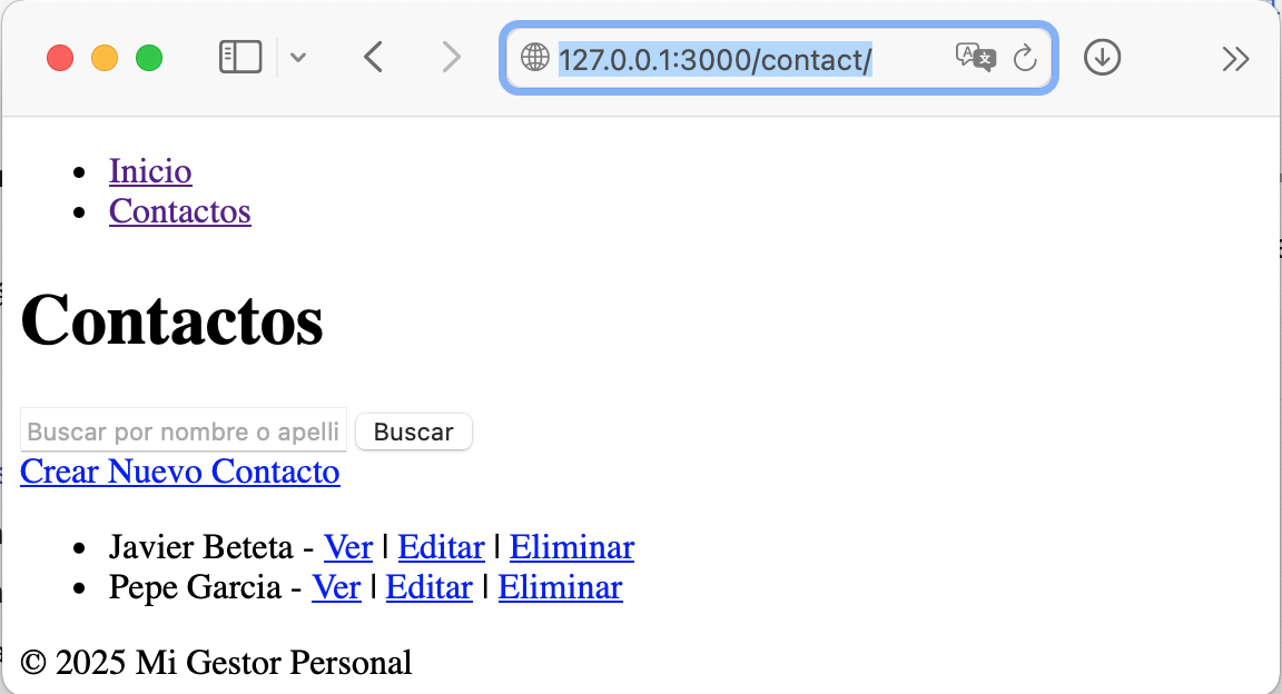 Vista de la página de Contactos